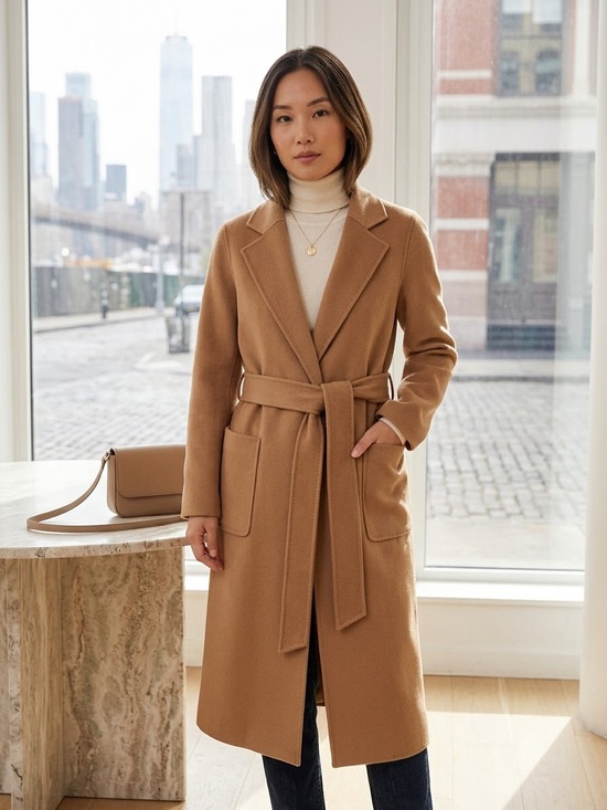 Petite Studio Jackets & Blazers - Camel Belted Wool-Blend Wrap Coat - Women's